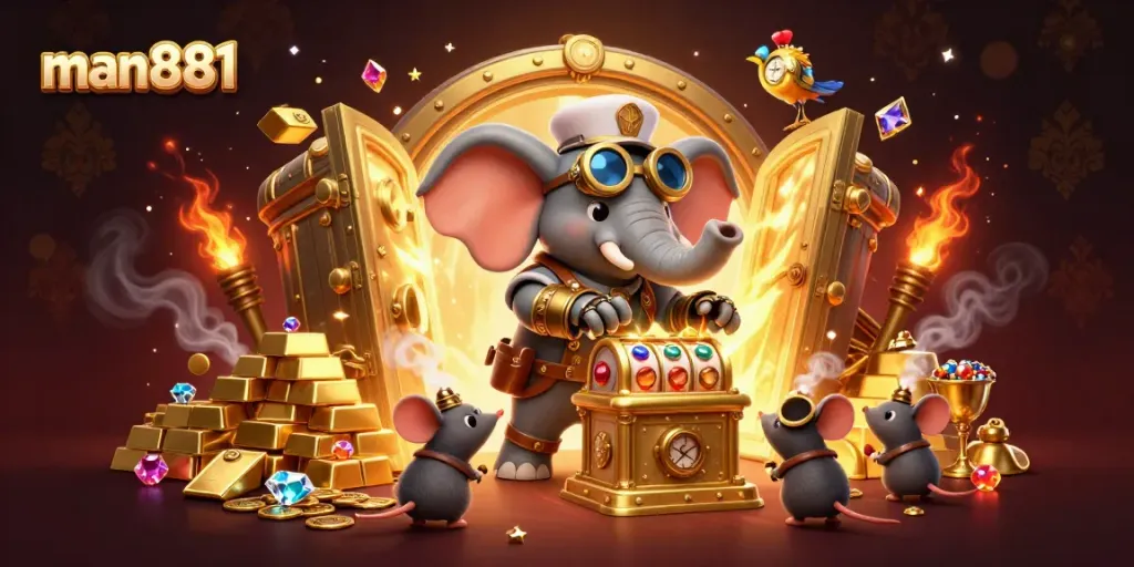 Experience winning at man881 with a lively, steampunk-inspired golden slot machine and treasures.
