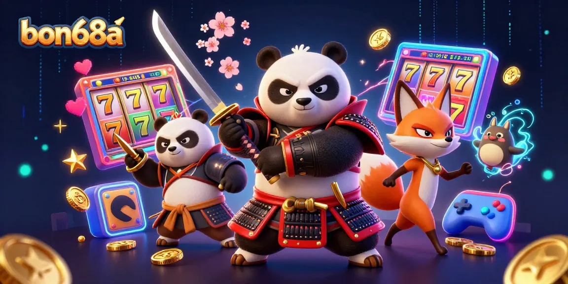 Engage in thrilling action at bon68a with a vibrant 3D slot game scene featuring samurai panda and ninja fox.