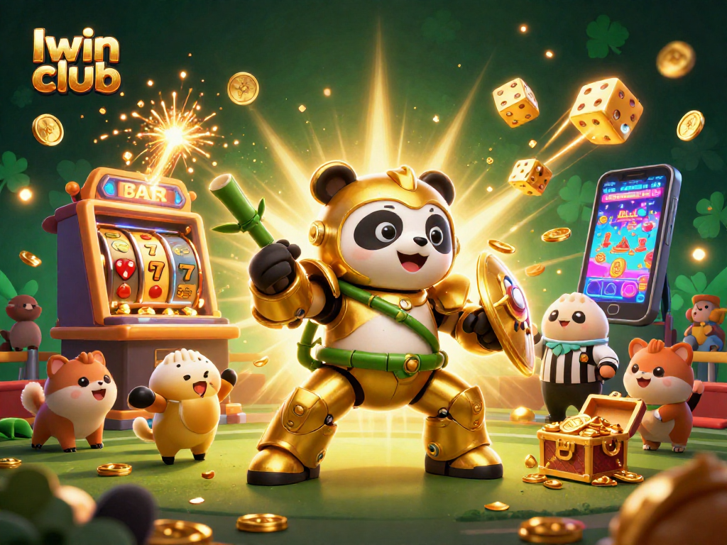 Iwin club showcases thrilling gameplay with a mech-suit panda battling in a vibrant casino scene.