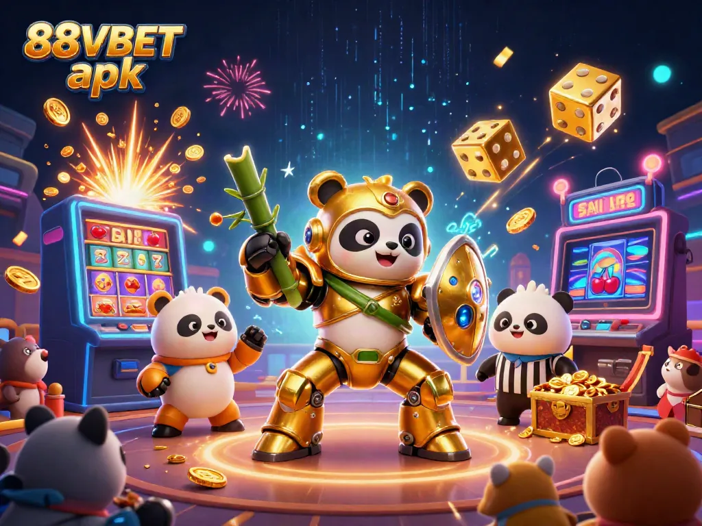 Engage in thrilling action with the 88VBET apk as a golden panda in mech-suit battles in a vibrant casino arena.