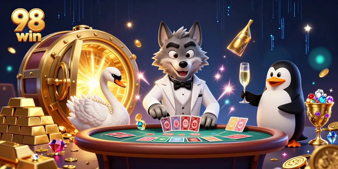 Engage with 98 win at a live casino featuring a debonair wolf, elegant swan, and sophisticated penguin.