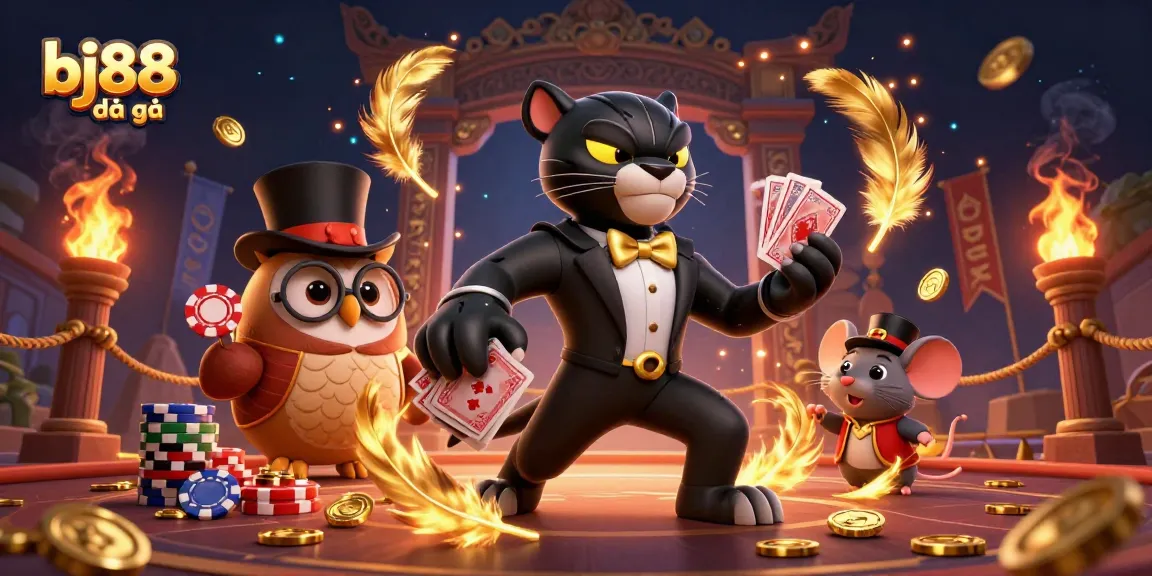 Engage with bj88 đá gà as an elegant black panther deals cards in a dynamic gambling scene.