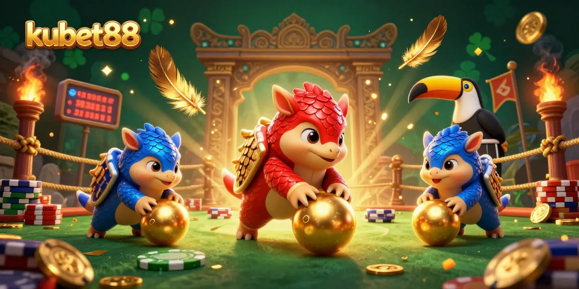 Kubet88 pangolins battle in a 3D illustration filled with casino excitement and vibrant elements.