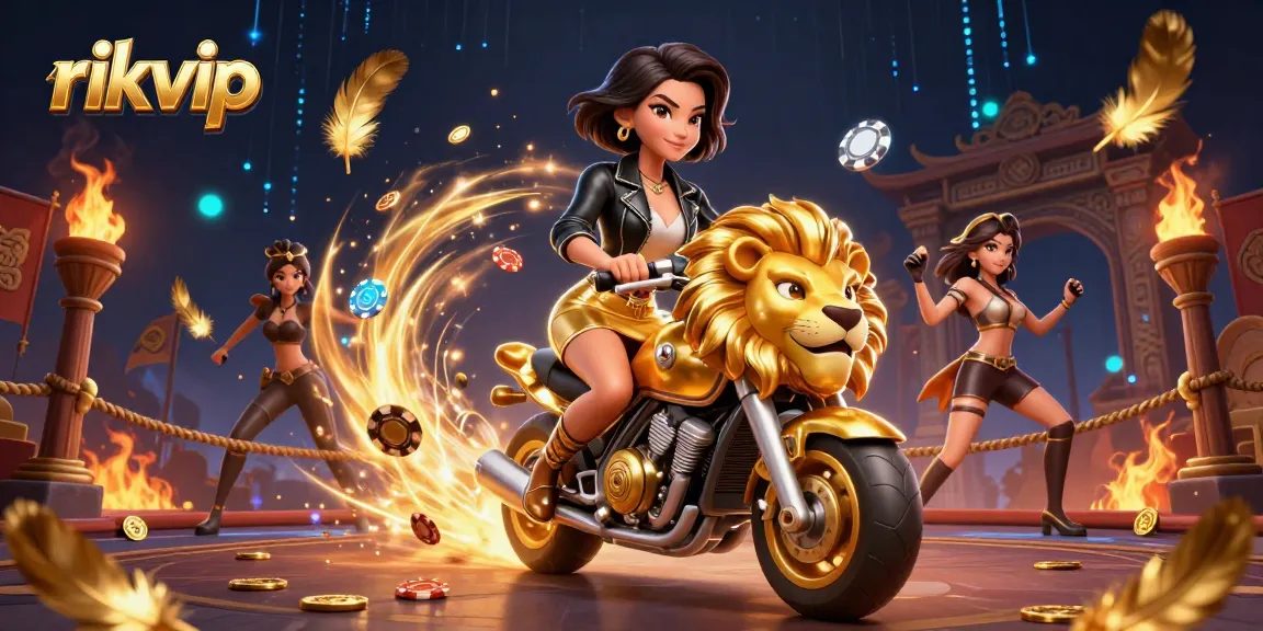 Experience the thrilling world of rikvip with a glamorous woman riding a golden lion and flying poker chips.