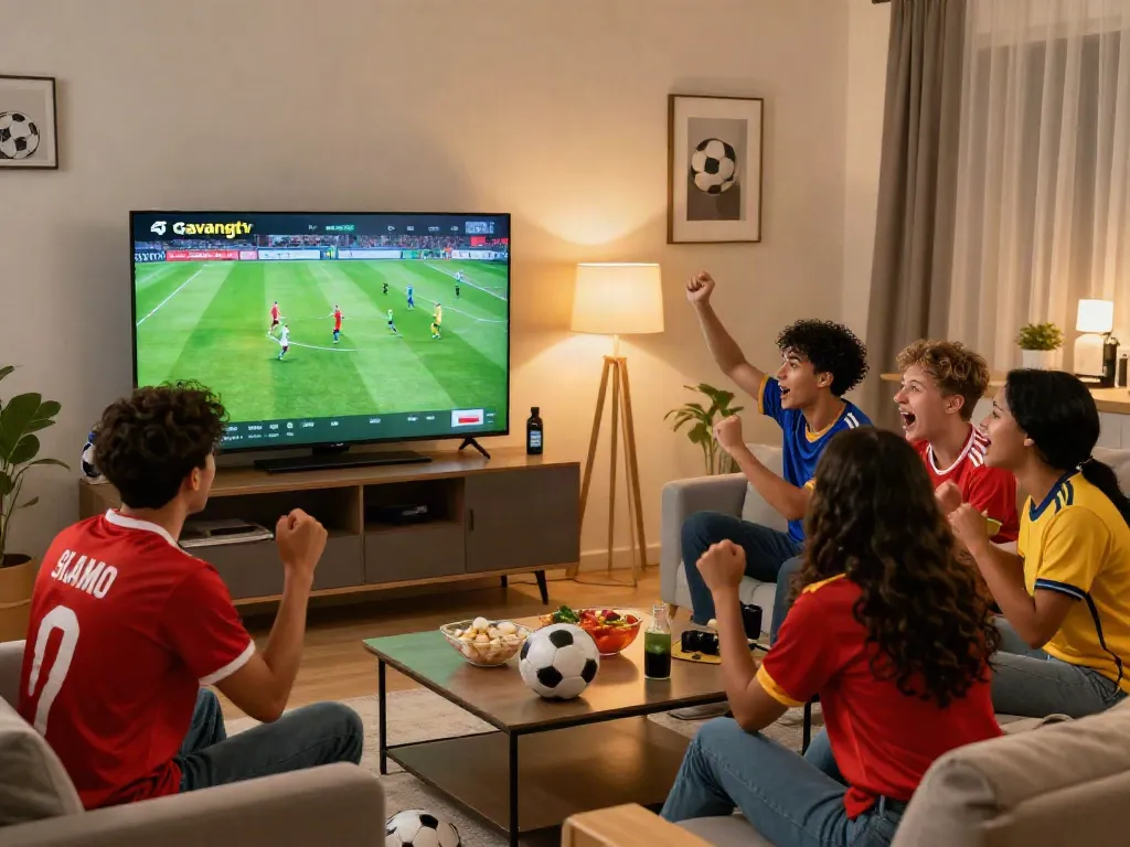 Friends enjoying a live soccer match streaming on Gavangtv in a cozy living room.