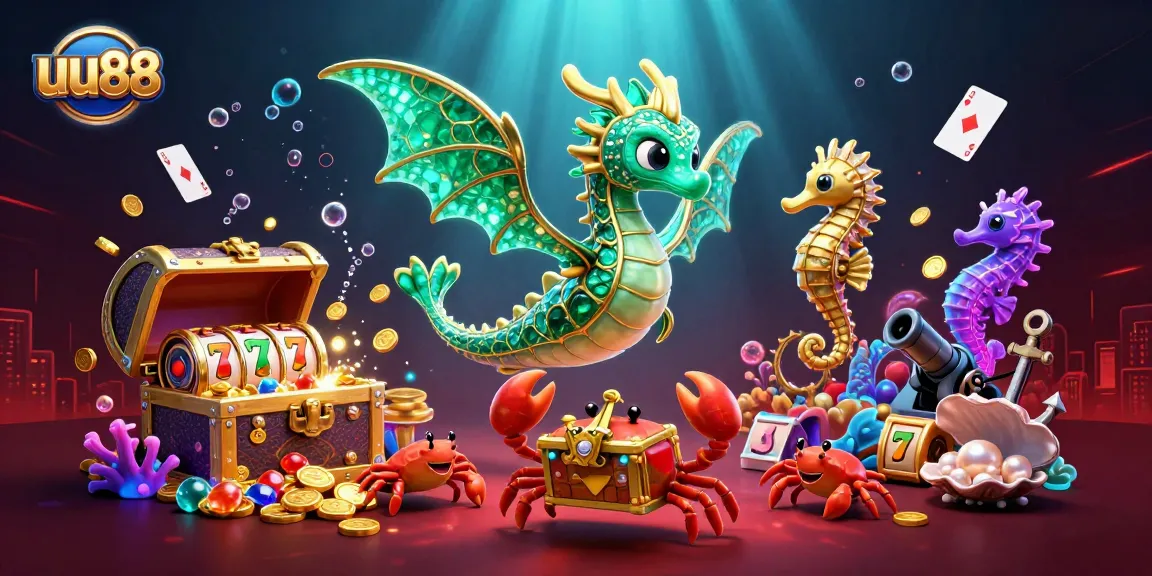 Engage in thrilling slots action with uu88's vibrant underwater casino world featuring a sea dragon and explosions of gems.
