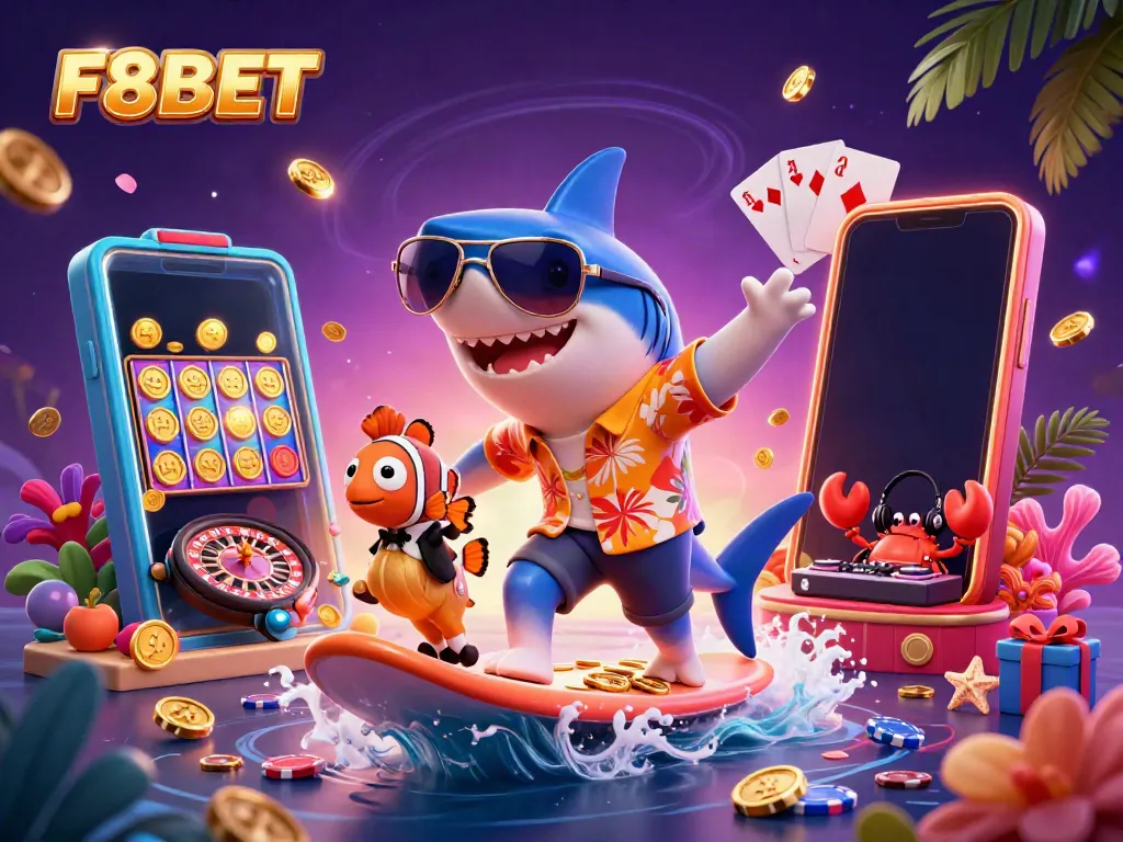 Experience the excitement of F8BET with a vibrant 3D shark surfing on gold coins amongst casino games