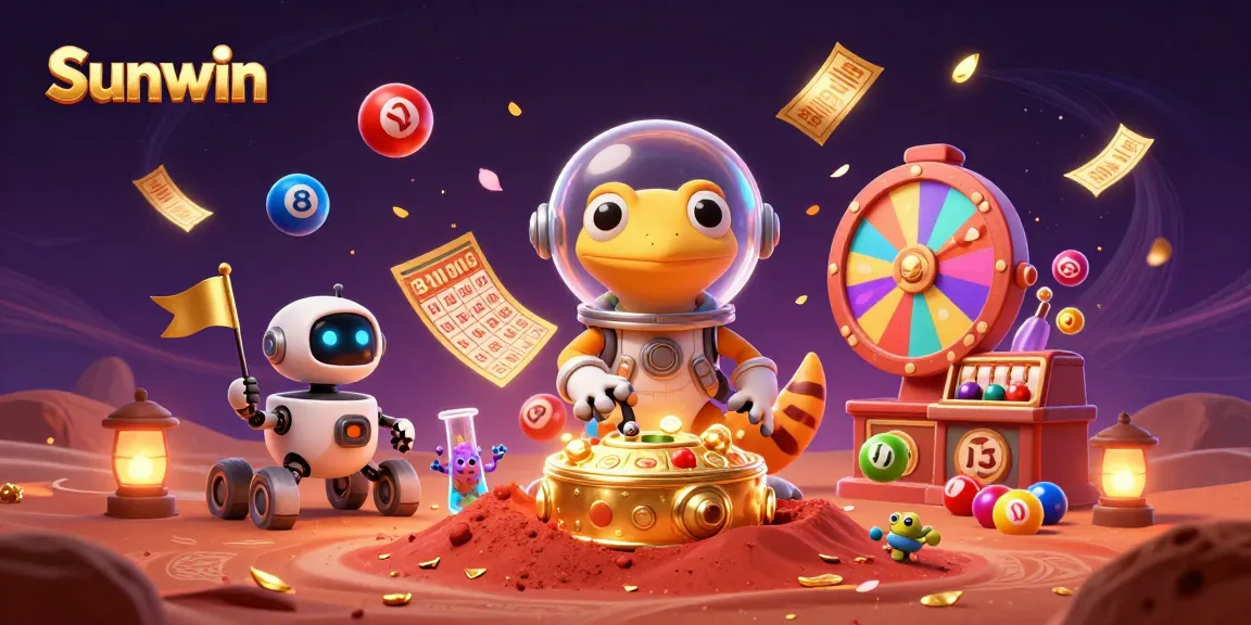 Sunwin offers a vibrant casino experience with a 3D Martian gecko discovering a golden casino.