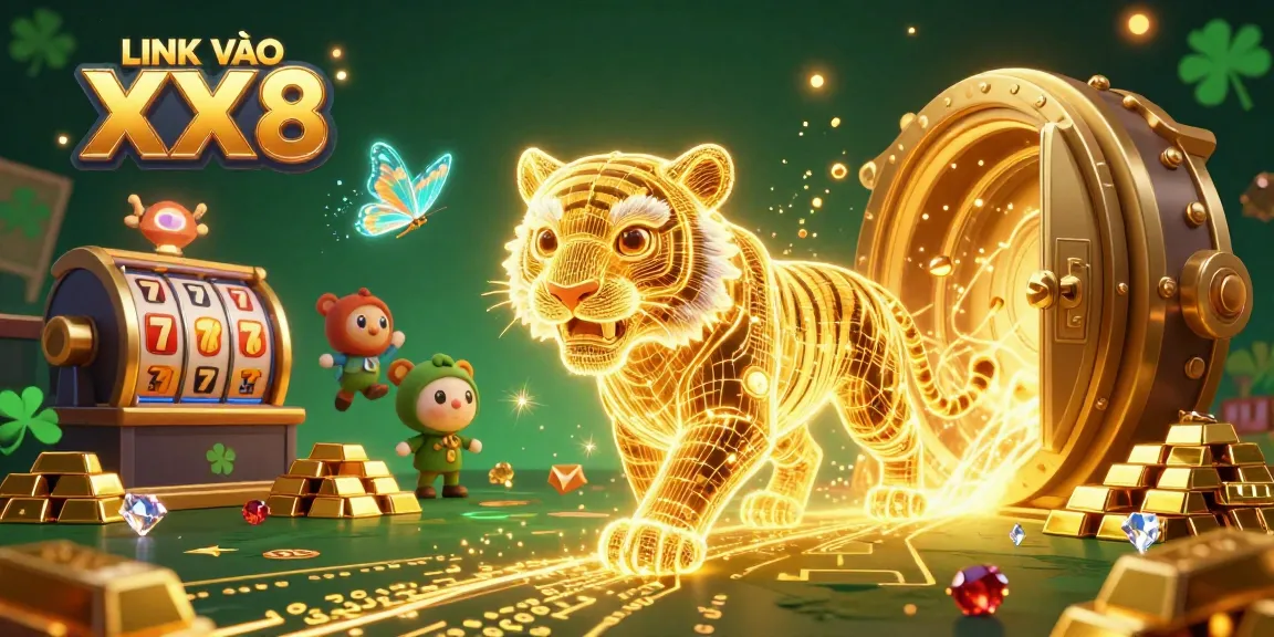 Experience the allure of LINK VÀO XX8 with vibrant casino visuals, featuring a golden tiger and treasures.