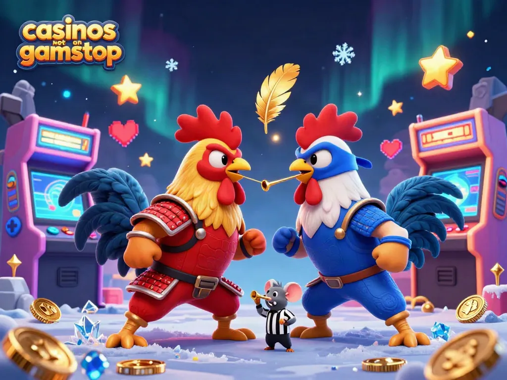 Engage with casinos not on gamstop, featuring dynamic twin roosters in a cinematic standoff.