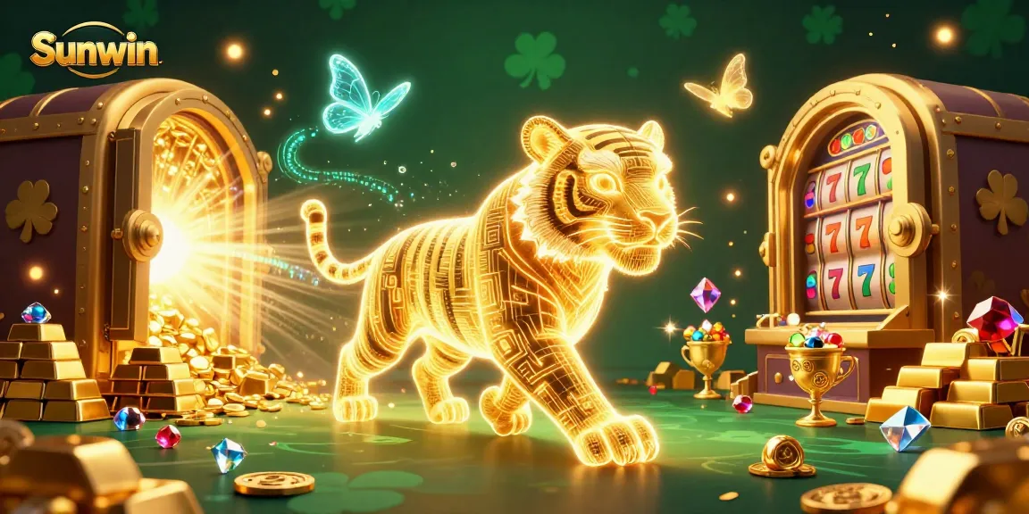 Experience the excitement of Sunwin with a vibrant 3D digital casino scene featuring a golden tiger and stunning slot machines.