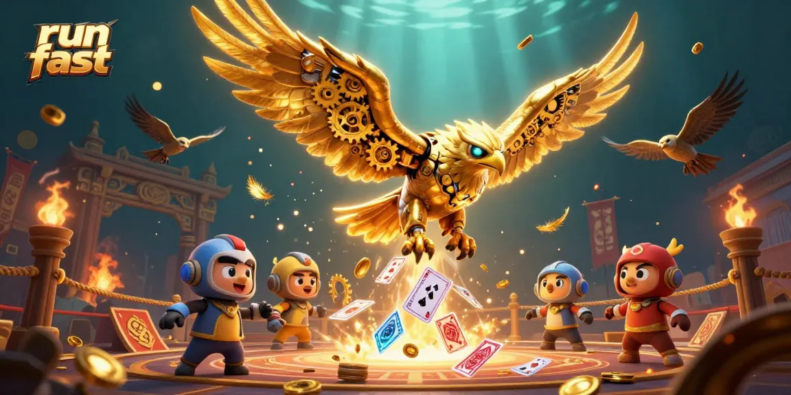 Experience the thrilling action of run fast as a golden eagle dives amongst holographic cards in a vibrant casino.