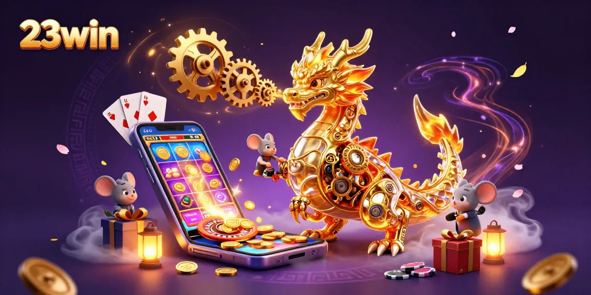 Engage with 23win's thrilling casino experience featuring a golden dragon and exciting game elements.