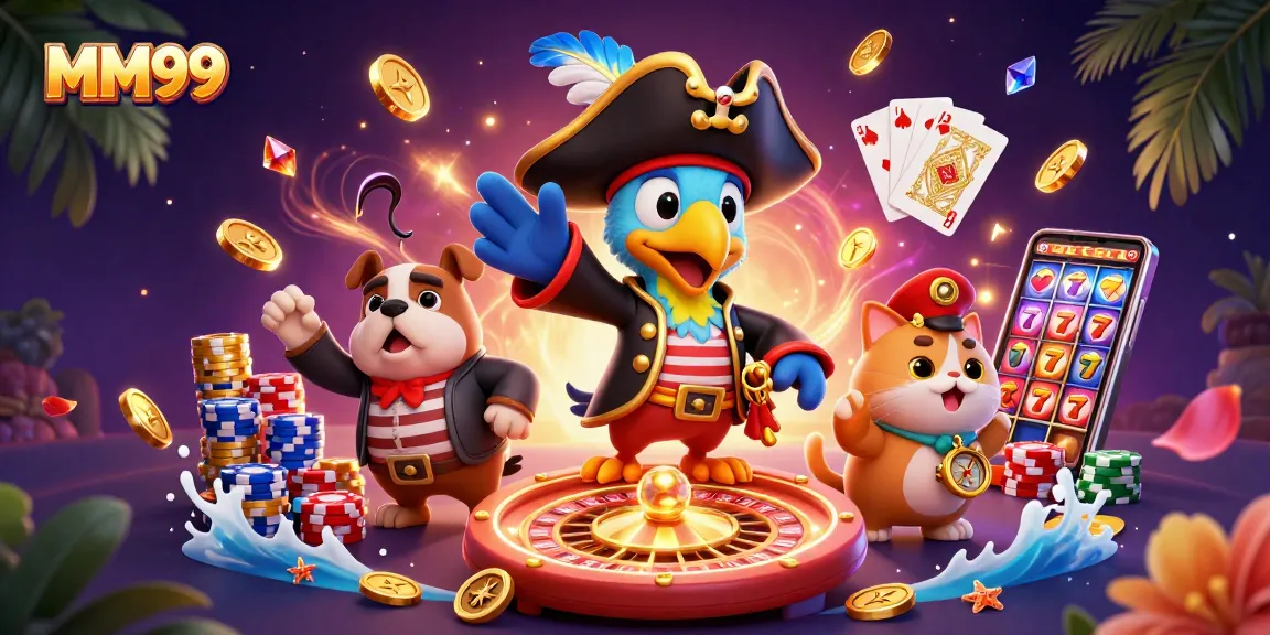 Experience vibrant gameplay with MM99 as pirate characters celebrate amidst casino elements.