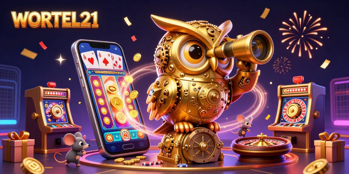 Engage with WORTEL21 in a vibrant casino scene showcasing animated owl, slot games, and rich visuals.