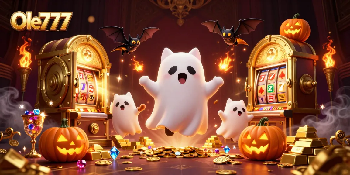 Experience the magic of Ole777 with a whimsical ghost cat and treasures in an exciting casino scene.
