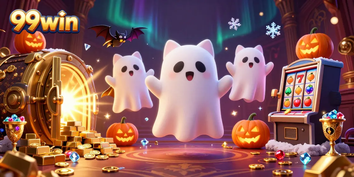 Engage with the vibrant 99win scene featuring a friendly ghost cat, bat companion, and slot machines.