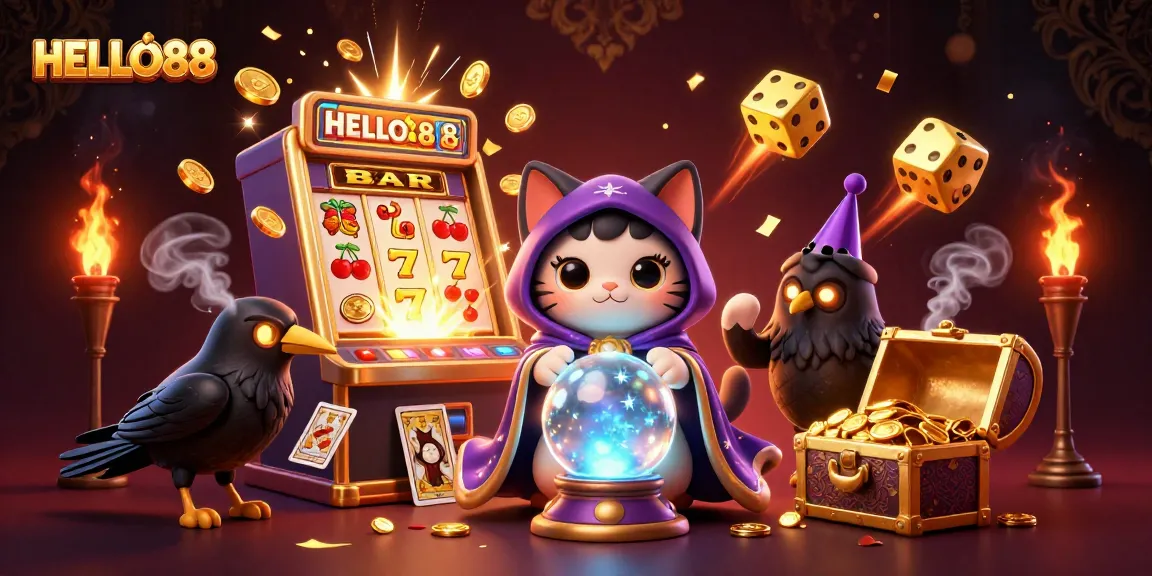 Experience the thrill of HELLO88 with a dynamic scene of a mystical cat, a tarot raven, and exciting casino elements.