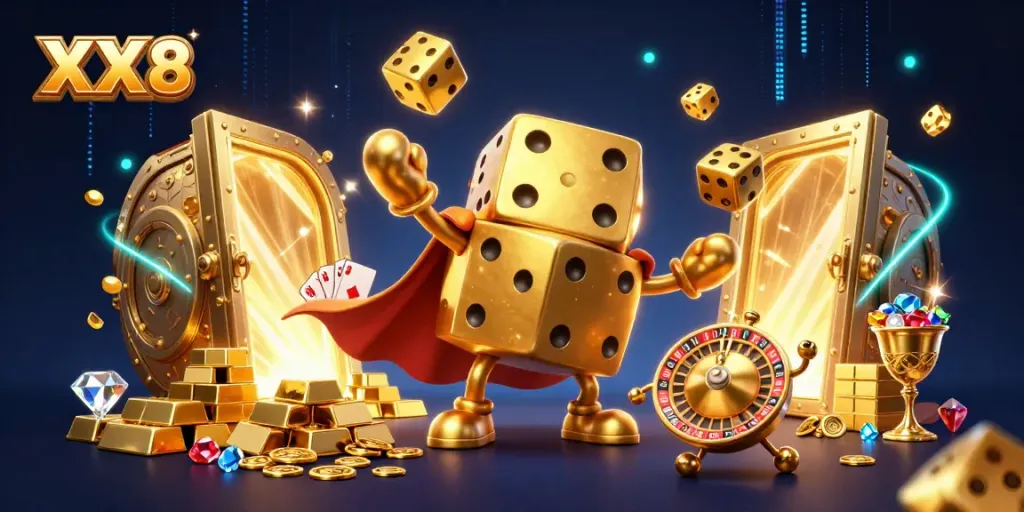 Experience the excitement of XX8 with vibrant 3D characters and casino-themed elements.
