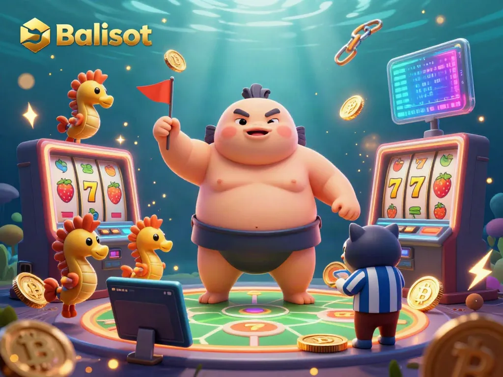 Balislot delivers a vibrant underwater slot machine scene featuring a lively fugu character amidst Bitcoin and Ethereum elements.