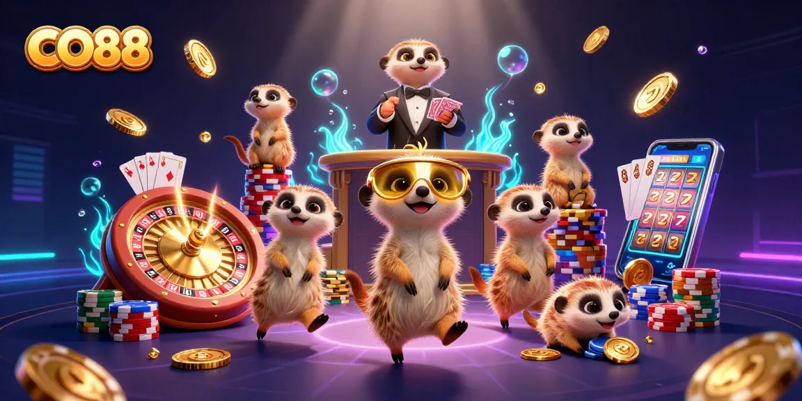 Experience CO88's vibrant gaming world with meerkats running a lively casino, full of excitement.