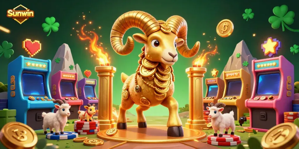 Experience the thrill of Sunwin with a golden ram charging through game machines, embodying casino excitement.