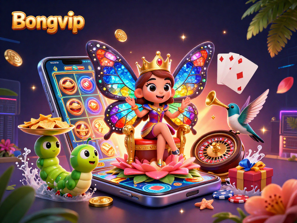 Bongvip unveils a vibrant 3D scene with a butterfly queen and casino elements at play.