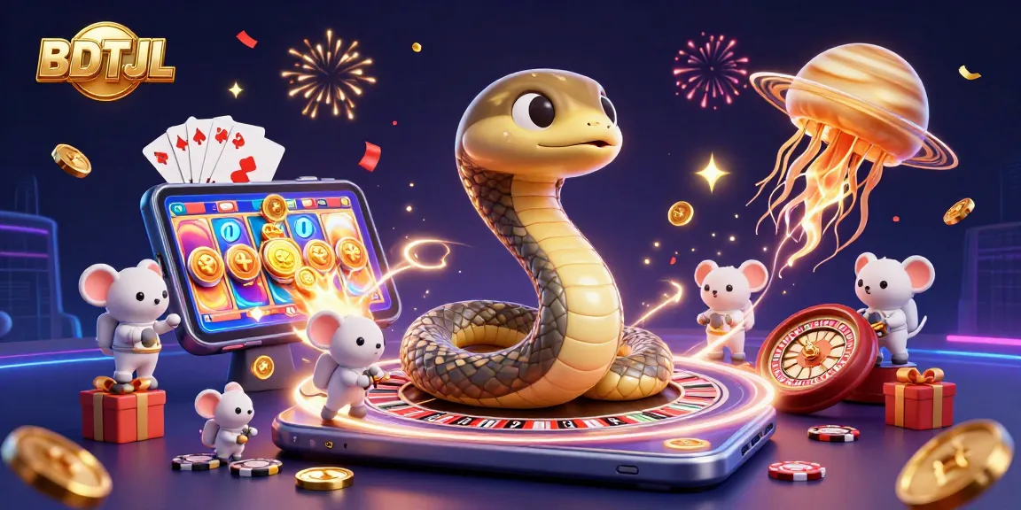 Bet on BDTJL in a vibrant casino scene with snakes, astronauts, and cosmic elements.