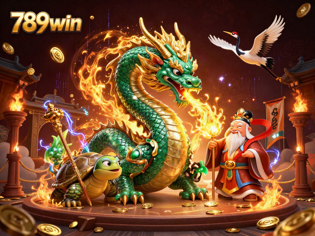 Experience high-energy casino action with 789win as a dragon and turtles battle for riches.