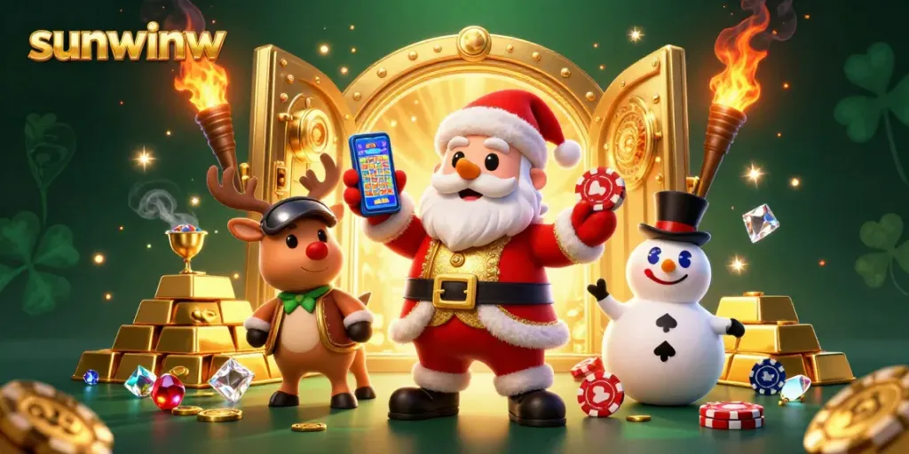 Play slots with sunwinw in this vibrant 3D casino scene featuring Santa and friends.