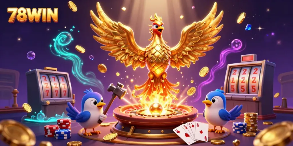 Watch the golden phoenix of 78WIN emerging, surrounded by a wealth of casino elements for a thrilling gaming experience.