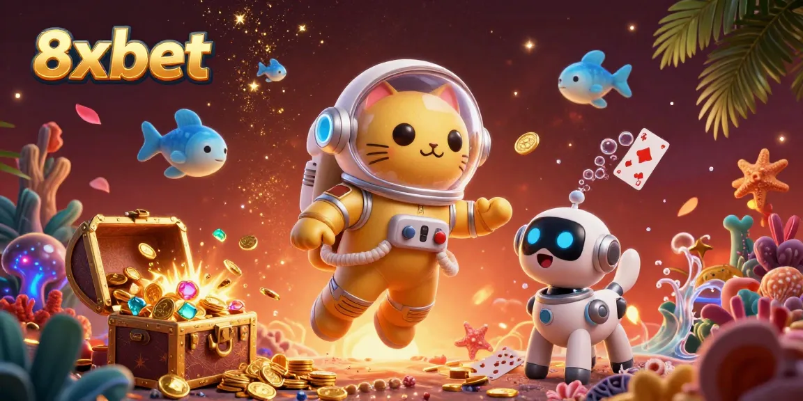 Immerse in 8xbet's vibrant gaming realm with a cartoon astronaut cat amidst floating treasures and fantasy creatures.