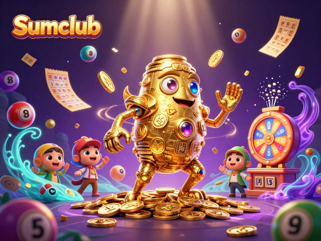 Join the excitement at Sumclub with an ancient golden golem surrounded by vibrant lottery elements.