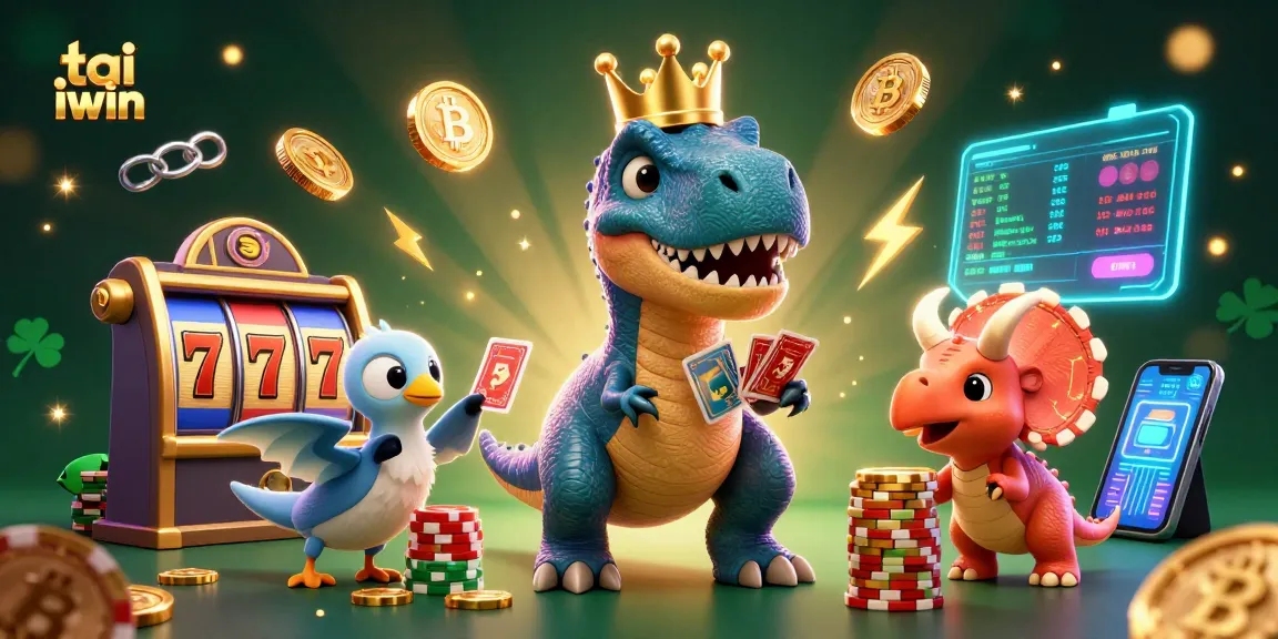 Engage in thrilling casino action with tai iwin, featuring a T-Rex shuffling cards and glowing chips in a festive scene.