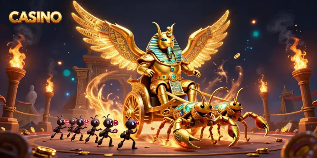 Enjoy a vibrant casino scene with a colossal scarab beetle, scorpion chariot, and poker chip soldiers.