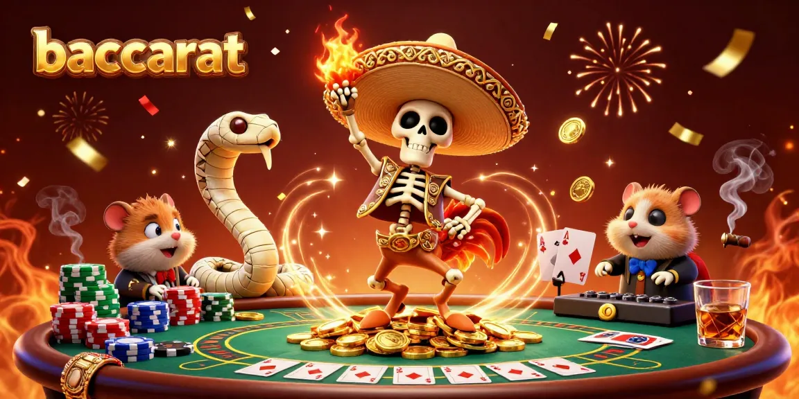 Baccarat players celebrate with a vibrant dance, golden coins flying and poker chips scattered