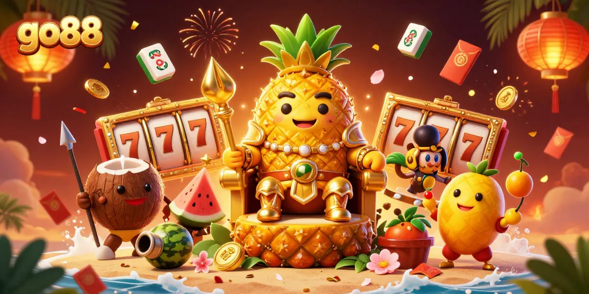 Spin the reels at go88, featuring vibrant characters and a lively beach casino atmosphere.