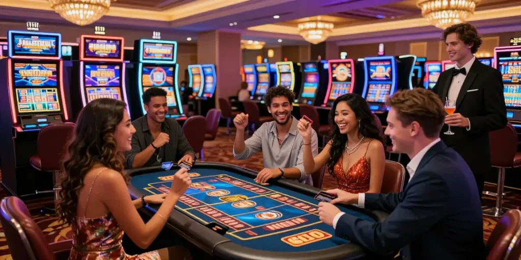 Friends celebrating around slots that accept credit cards in a vibrant casino setting.