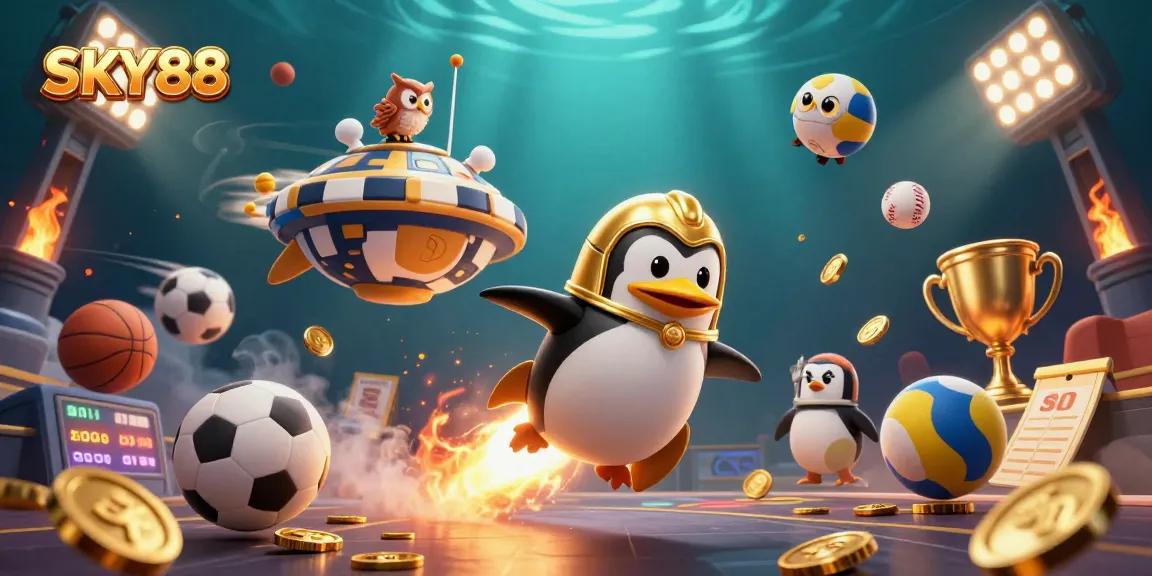 Engage in thrilling sports betting with SKY88, as a golden penguin rockets towards a vibrant casino.