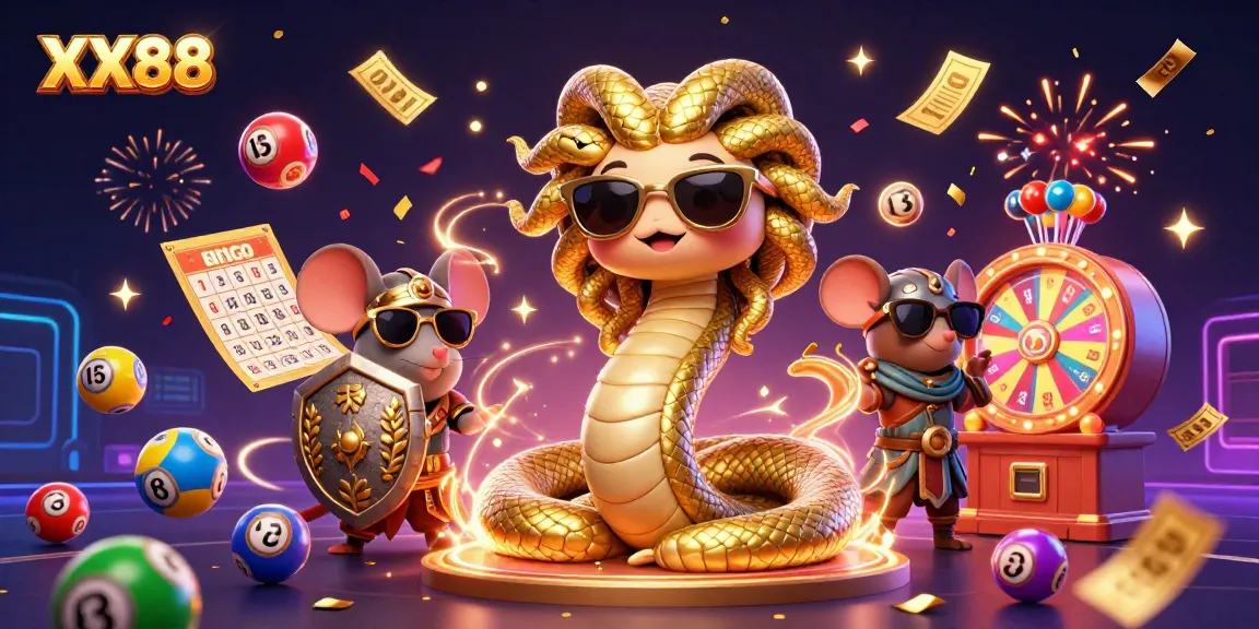 Experience the thrill of gaming with XX88's vibrant 3D digital illustration featuring lucky characters and dynamic elements.