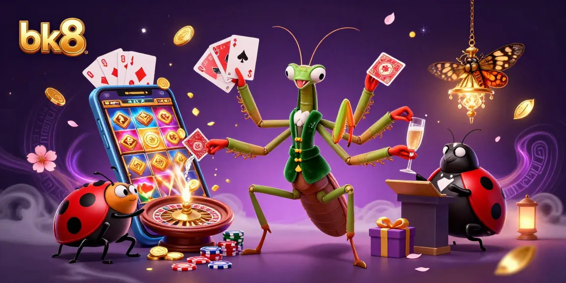 Experience thrilling gameplay with bk8 featuring a cartoon mantis dealer, gaming elements, and lavish casino ambiance.