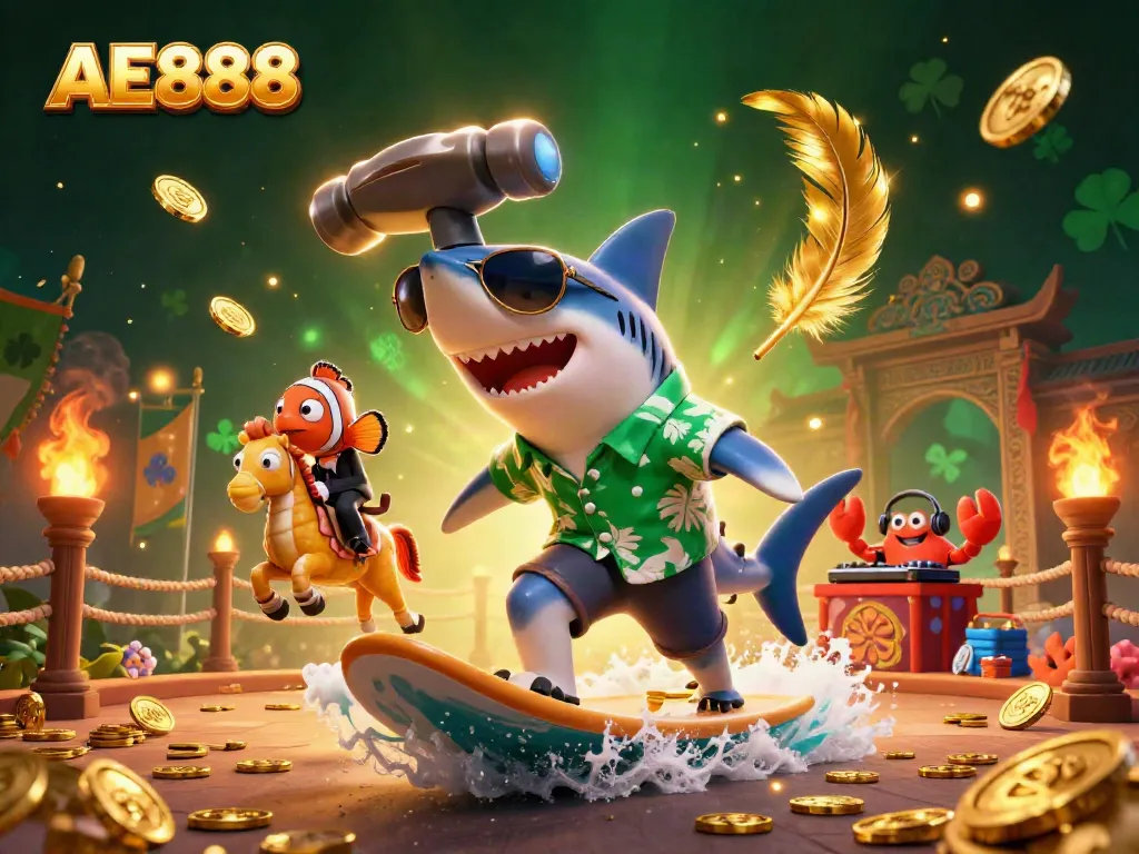 Watch the playful AE888 shark surfing on gold coins in this vibrant casino-themed illustration.
