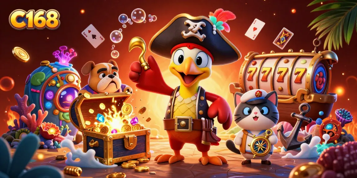 C168 captains a pirate-themed jackpot adventure with colorful games and treasures surrounding playful characters.