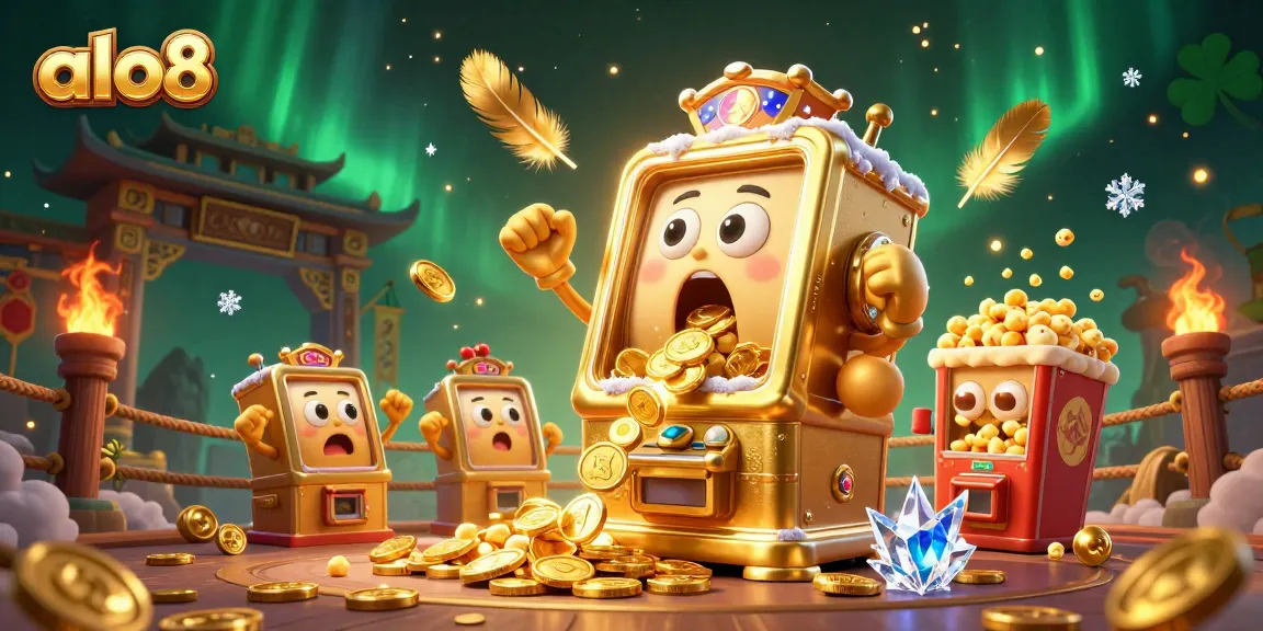 Alo8 slot machine celebrates a jackpot, showered with coins amidst a lively casino atmosphere.