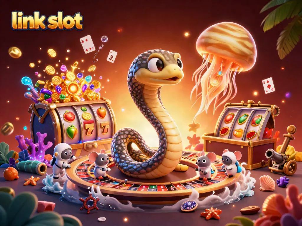 Engaging link slot illustration showing a Saturn snake as roulette, astronaut mice betting around it.