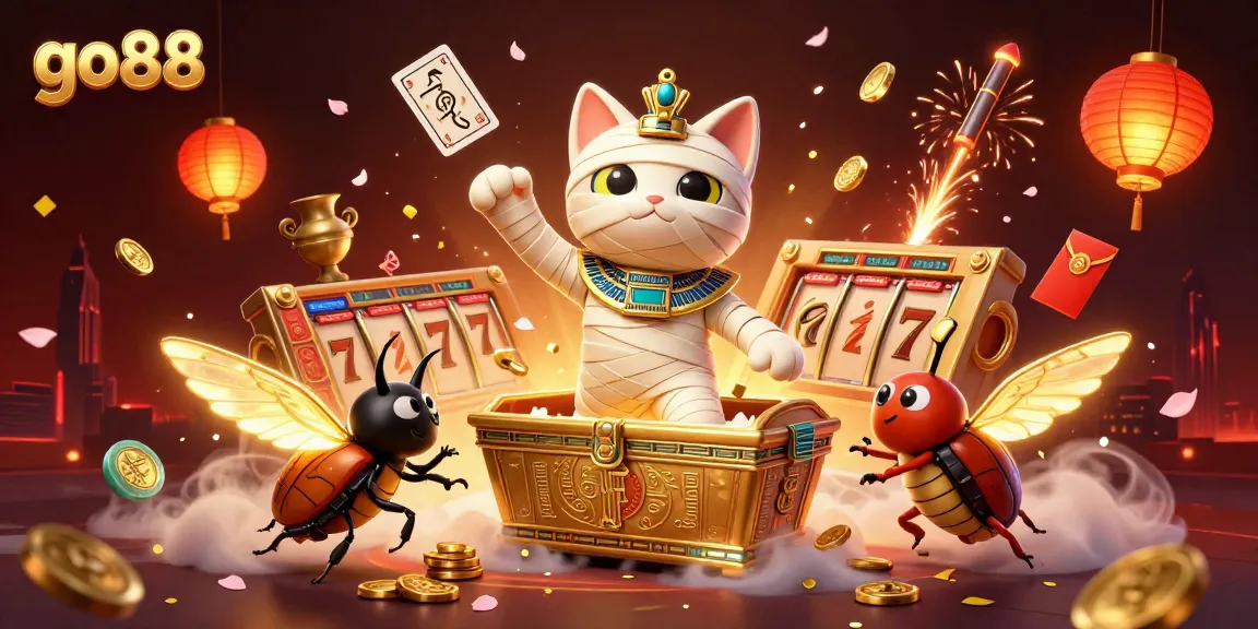 Experience the excitement of go88 with the Egyptian mummy cat in a vibrant casino scene filled with gaming elements.