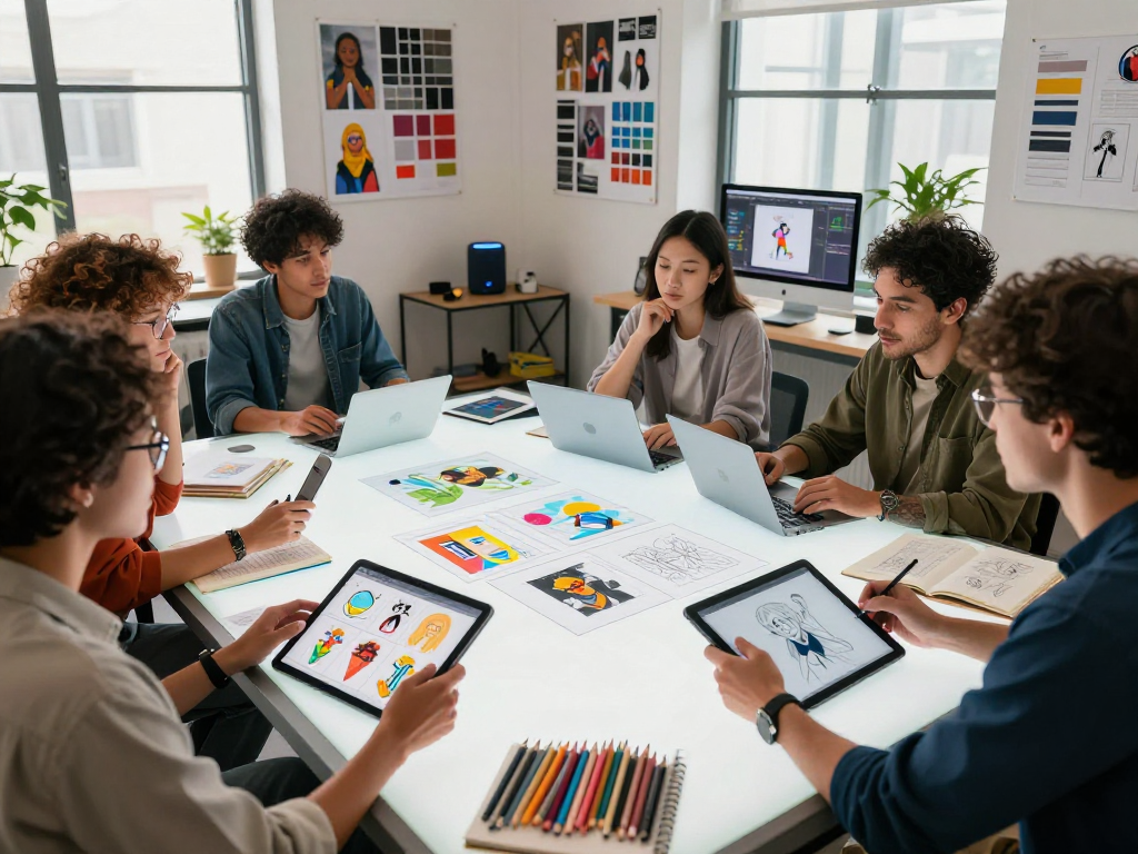 Dynamic digital art studio scene showcasing artists collaborating on nsfw ai illustrations with vibrant tools and concepts.