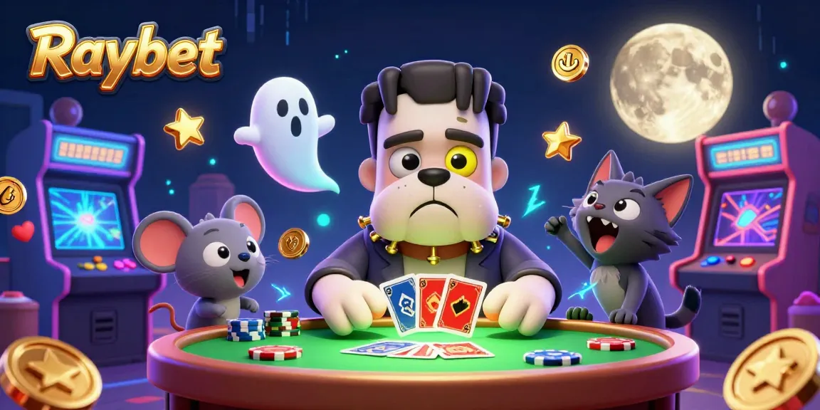 Experience Raybet's thrilling gaming atmosphere with Frankenstein bulldog and ghost mouse in a vibrant casino scene.