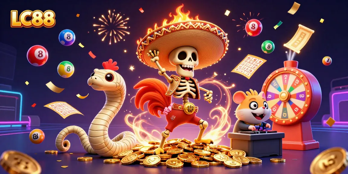 Experience winning with LC88 in this vibrant casino scene featuring animated characters and dynamic gaming elements.