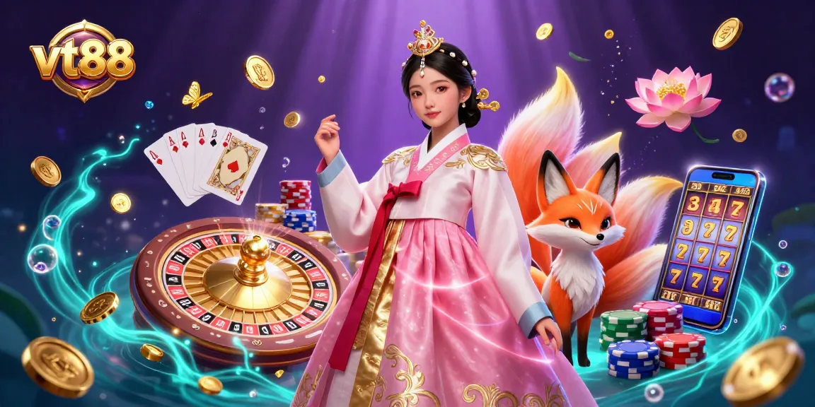 Experience the thrilling games at vt88, featuring a vibrant scene with an Asian woman, fox, and casino elements.